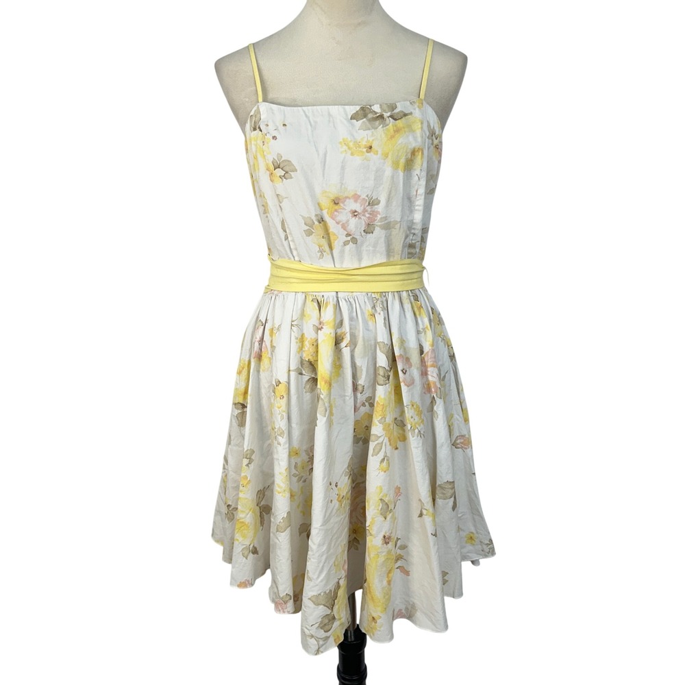 Vintage LULY K New York Floral Sun Dress Pastel Yellow Garden Party Women Large